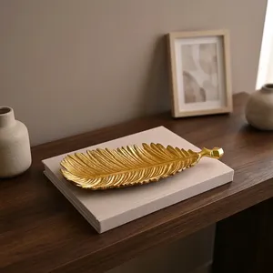 Gold Finish <b>Aluminium</b> Leaf Shaped Decorative Tray Serving Bowl <b>Jewellery</b> Organizer for Home Decor Tabletop Display - Product Image 5