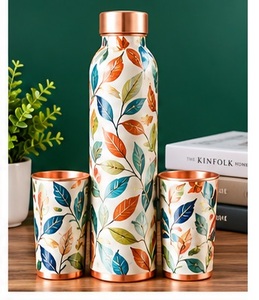Juego de Botella de Agua Tradicional de Cobre Azul con 2 Tazas, Diseño Floral de Grulla Dorada, Botella Metálica para Viaje - Product Image 3