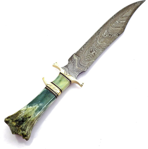 Cuchillo Bowie de Acero de Damasco Premium con Hoja Recta y Punta Clip, Duradero para Camping, Mango de Hueso Verde, Guarda de Latón, Logotipo OEM, Funda de Cuero - Product Image 6