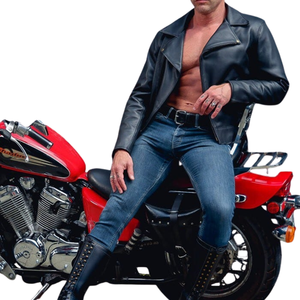 Men's Genuine Leather Moto Jacket <b>Turn</b>-Down Collar Zipper Closure Slim Fit Solid Color Biker Style Autumn Wear - Product Image 2