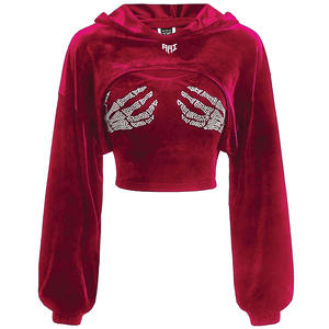 Oferta Especial: Sudadera Corta de Terciopelo Rojo para Mujer con Pedrería, Estilo Urbano, Manga Larga, Personalizable OEM, Etiqueta Privada, Suministro al por Mayor - Product Image 2