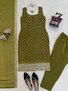 ชุดคุर्ติผ้าไหมเฟนดี้ 3 ชิ้น ดีไซน์ทันสมัย พร้อมกางเกงและผ้าคลุมไหล่ ประดับด้วยงานปักเลื่อม - Product Image 5