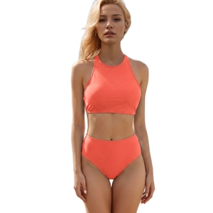Conjunto de bikini de dos piezas con cuello alto para mujer, traje de baño de cintura alta de color liso, top corto tipo bandeau elástico - Product Image 4