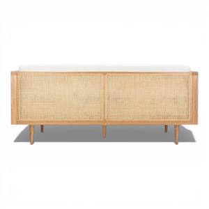 Canapé 3 places en bois de teck naturel de style Mid-Century Modern avec accoudoirs en cannage de rotin tressé à la main et revêtement en tissu blanc minimaliste - Product Image 5