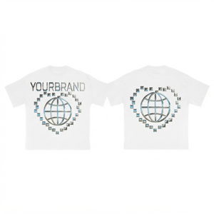 T-shirt en jersey de coton premium 200 GSM pour homme, blanc, col rond, avec transfert thermique à effet métallique, graphisme personnalisé, style streetwear - Product Image 1