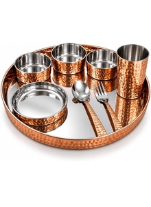 Ensemble de vaisselle élégant en acier et cuivre avec assiette, bols Katori, verre et cuillère pour la cuisine indienne, service à domicile ou au restaurant - Product Image 6