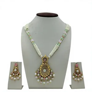 Elegant traditional pearl <b>bead</b> necklace <b>set</b> with antique gold pendant pastel stones and matching earrings for wedding - Product Image 1