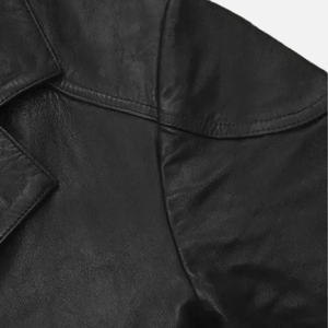 <b>Men's</b> <b>Black</b> Genuine Leather Knee Length <b>Overcoat</b> Notched Lapel Single Breasted Trench Coat Regular Sleeve Polished Finish - Product Image 5