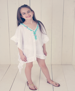 Robe courte à volants pour enfants, Collection de vêtements pour enfants, Turquoise et rose, Pom Pom, blanche, Kaftan, belle robe pour petite princesse, nouvelle Collection 2021 - Product Image 1