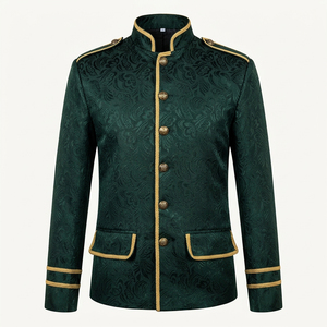 Blazer vert jacquard tendance style victorien avec bordure tressée dorée, col mandarin, tenue de scène gothique steampunk - Product Image 2