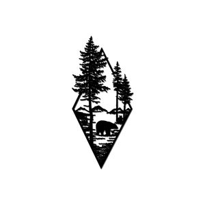Décoration murale en métal noir, motif ours, scène de forêt et de montagne, inspirée de la nature, pour cabane de campagne, extérieur, faune sauvage - Product Image 1