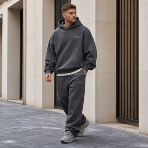 Ensemble deux pièces personnalisé avec logo imprimé en relief, épaules tombantes, en molleton double face, capuche à cordon de serrage, poignets élastiques, vêtements de sport OEM - Product Image 2