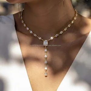 Emerald Cut Diamond <b>Necklace</b> in Yellow Gold with Drop Pendant, Elegant <b>Statement</b> <b>Necklace</b>, Luxury Bridal Fine Jewelry for Women - Product Image 3