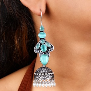 Wholesale Aqua Blue Stone <b>Oxidized</b> Silver Jhumka Earrings for Women | Traditional Indian Ethnic Dangle Earrings - Product Image 4