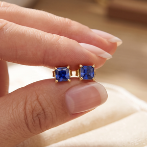 Wholesale 9k Yellow Gold Natural Square Cut <b>Blue</b> <b>Sapphire</b> 4-Prong Stud <b>Earrings</b> Memoria Jewels - Product Image 5