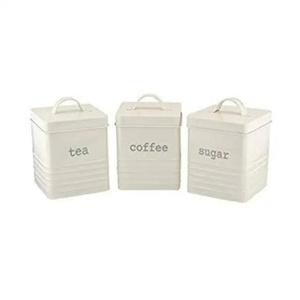 Cream Square Metal Hammered Design <b>Stackable</b> <b>Storage</b> <b>Containers</b> Lid Tea Coffee Sugar Labels Retro Kitchen Canisters Handle White - Product Image 1