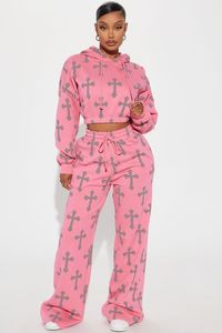 Women's Pink Cross Printed Fleece Hoodie Set Full Sleeve Loose Fit Streetwear Two Piece Outfit All Seasons - Product Image 4