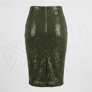Jupe crayon taille haute pour femme, ornée de paillettes, longueur genou, vert olive uni, style élégant en velours côtelé, pour toutes les saisons - Product Image 2