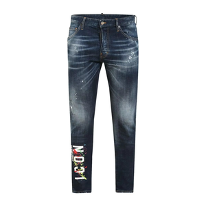 Pantalones vaqueros de hombre de mezclilla 100% algodón, lavado azul, de corte recto ajustado, cintura media, transpirables, con parche bordado, estilo urbano. - Product Image 6