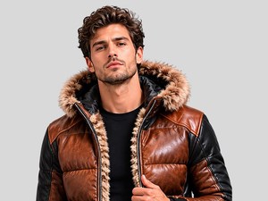 <b>Men's</b> Black Brown Leather Puffer Jacket, Genuine Fox <b>Fur</b> <b>Hood</b>, Winter Biker <b>Coat</b> - Product Image 4