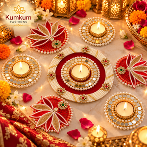 Handmade Beaded Rangoli Tealight Holder Set Indian Diwali Wedding Pooja Table Decor Festive favors Home Decoration Return Gifts - Product Image 2