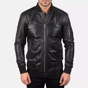 Chaqueta Bomber de Cuero Genuino para Hombre, Cuello Alto, Cierre de Cremallera, Corte Ajustado, Estilo Motociclista, Color Negro Sólido, para Otoño - Product Image 4