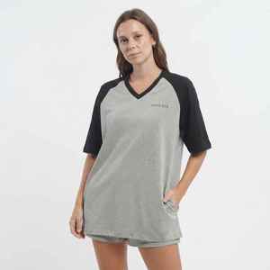 Camiseta de Manga Raglán con Cuello en V para Mujer, Color Gris Negro, Corte Holgado, Algodón Jersey, Estilo Casual, Primavera Verano, Marca Hawk Eye - Product Image 1
