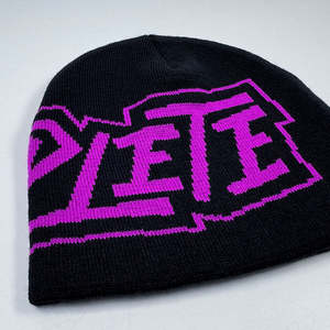 High Quality Knitted Unfold purple <b>Winter</b> <b>Caps</b> Custom Acrylic Beanies Cuffless with Your Own logo - Product Image 3