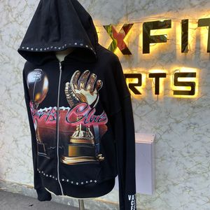 เสื้อฮู้ดดี้แบบซิปเต็มตัวขนาดใหญ่พิเศษ พิมพ์ลายกราฟิก DTF ประดับด้วยคริสตัล ผ้าฝ้ายฟลีซหนานุ่ม สไตล์สตรีทแวร์ รับผลิตแบบ OEM ODM - Product Image 4