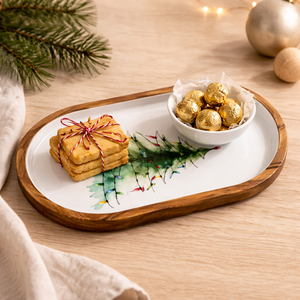 Bandeja ovalada de madera de mango esmaltada con estampado de árbol de Navidad grande, hecha a mano, para servir bocadillos, frutos secos, para uso en el hogar, cocina o restaurante. - Product Image 2