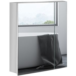 Armadietto da Bagno a 3 Ripiani in Argento con Ante a Battente e Specchio, Mobile da Parete - Product Image 1