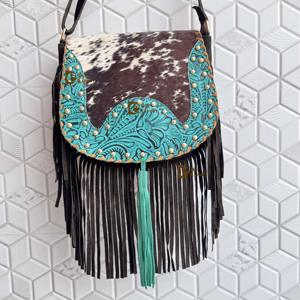 กระเป๋าถือสตรีหนังวัวสไตล์ตะวันตกกระเป๋าถือมีขอบสีเทอร์ควอยซ์แกะสลักขอบกระเป๋าแบบโบฮีเมียน - Product Image 1