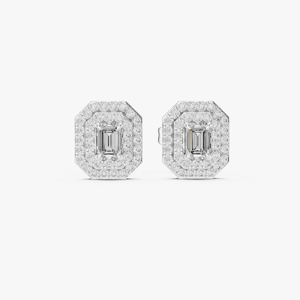 Boucles d'oreilles clous en or jaune 9K avec diamants de laboratoire taille émeraude double halo 0,488 CTW, vente en gros OEM, bijoux fins - Product Image 3