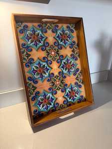 Modern Wooden <b>Serving</b> <b>Tray</b> with Mediterranean Enameled <b>Trays</b> Decorative Vintage <b>Wood</b> Tea Coffee Platter for Home & Hotel By UO - Product Image 3