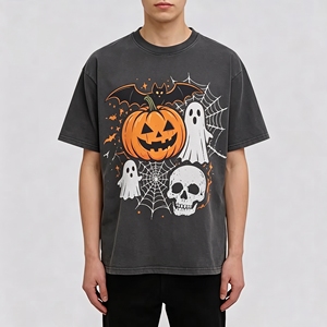 Camiseta de hombre con cuello redondo y manga caída, estampado de Halloween (calabaza, fantasma, murciélago), corte regular, 100% algodón transpirable - Product Image 4