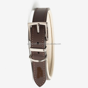 Collier de chien en cuir véritable personnalisé en usine avec rembourrage blanc Softy de vache de luxe et collier pour chien en cuir marron cousu - Product Image 3