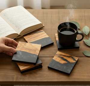 Handmade Resin Wood <b>Coasters</b> Square <b>Drink</b> <b>Coasters</b> Black Marble Look <b>Coaster</b> Set <b>for</b> Home Christmas Gift - Product Image 3