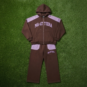 Ensemble survêtement homme marron : sweat à capuche zippé et pantalon large avec empiècements contrastants – Style streetwear deux pièces - Product Image 5