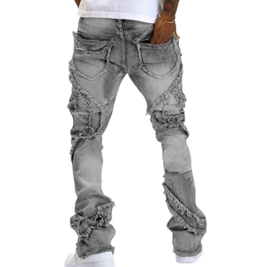 Vaqueros de mezclilla para hombre, gris, con lavado efecto nieve, desgastados, de pierna recta, apilados, rasgados y deshilachados, estilo casual urbano, corte relajado - Product Image 2
