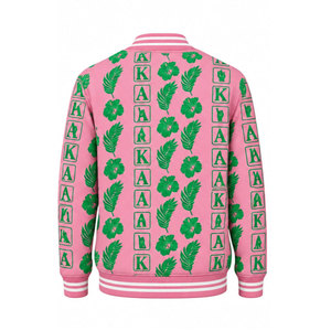 Chaqueta Varsity Rosa de Diseño con Colores Únicos, Letras Bordadas en Verde, 08 Perlas, Estilo Urbano Unisex, 100% Lana - Product Image 6