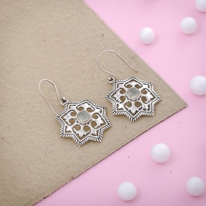 925 Sterling <b>Silver</b> Natural Prehnite Gemstone Floral Star <b>Dangle</b> <b>Earrings</b> Handmade Boho Vintage Women Jewelry - Product Image 1