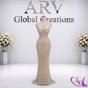 Vestido de noche largo estilo sirena con cuentas color champán |   Vestido de Fiesta de Diseño Hecho a Mano con un Solo Hombro Descubierto |   Ropa de Recepción Formal de Lujo - Product Image 3