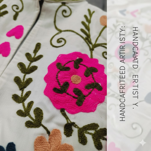 Chaqueta Artesanal Bordada con Flores, Tela de Algodón TNT, Bordado a Mano, Manga Larga, Bolsillos Laterales para Mujer, Estilo Boho Chic - Product Image 4