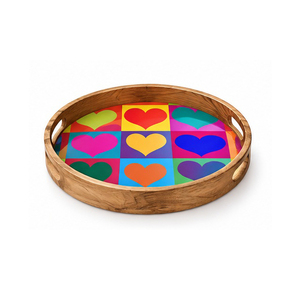 Plateau de service rond en bois avec motif cœur coloré, finition laminée, poignée pour usage résidentiel - Product Image 1