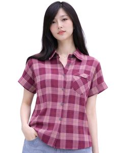 <b>Rose</b> Pink And Burgundy Plaid Womens Short Sleeve Button Up Shirt Casual Summer Lightweight Breathable Checkered <b>Top</b> With Pocket - Product Image 1