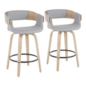 Ensemble de 2 tabourets de comptoir Elisa Farmhouse en bois blanc délavé et tissu gris, élégants tabourets de bar - Product Image 1