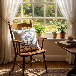 Housse de coussin carrée décorative en coton blanc, broderie florale bleue personnalisée, amovible et lavable, pour siège carré – Vente en gros - Product Image 4