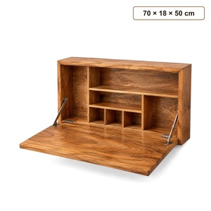 Bureau mural rabattable en bois de manguier |   Meuble de bureau flottant artisanal à un seul niveau, design moderne du milieu du siècle, fonctions de rangement - Product Image 1