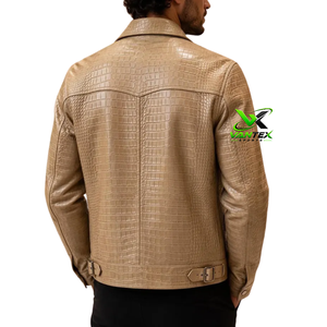 เสื้อแจ็คเก็ตหนังลายจระเข้สีน้ำตาลสำหรับผู้ชาย VANTEX แบบมีซิป ปกคอพับได้ สไตล์ลำลอง - Product Image 4