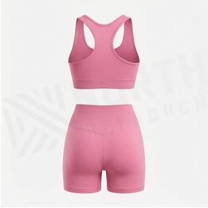 <b>Pink</b> 2 Piece Yoga Set Racerback <b>Crop</b> <b>Top</b> High Waist Shorts Sweat Wicking Breathable Quick Dry Seamless Sportswear - Product Image 2